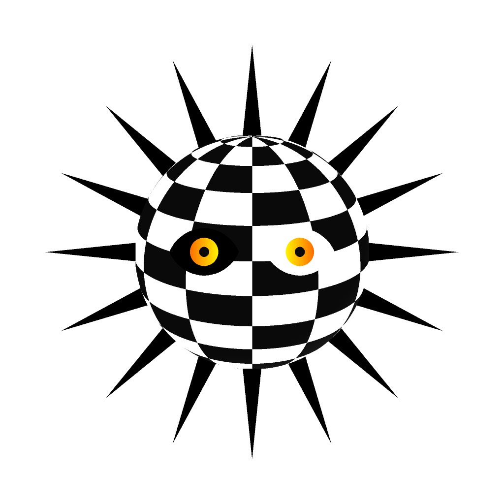 Checkered sphere with starburst and eyes